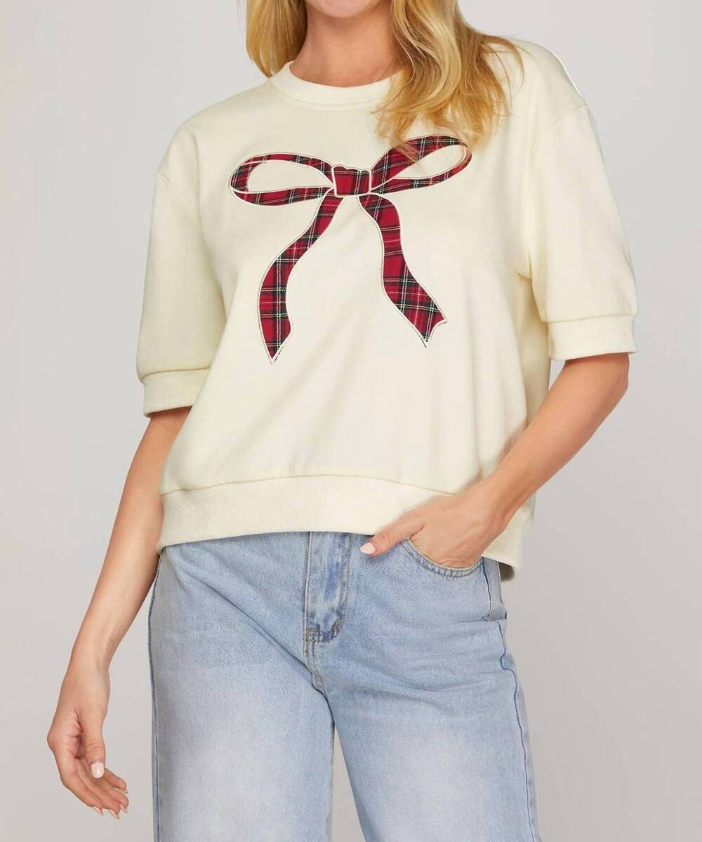 NEW SHE + SKY plaid bow accent top in cream